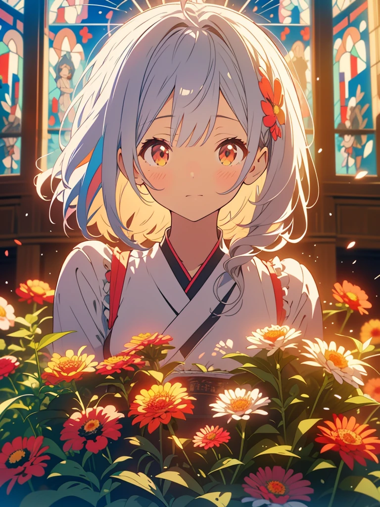 kawaii, anime, Cute, hyper quality, highly detailed, 8k, Clarity, Draw facial expressions in detail, Two sisters with short light silver hair, Zinnia, colorful zinnias, upper body, close your eyes and say a prayer, collapsed church, Stained glass, light shines in, growing weeds, Close ~ eyes, praying expression,