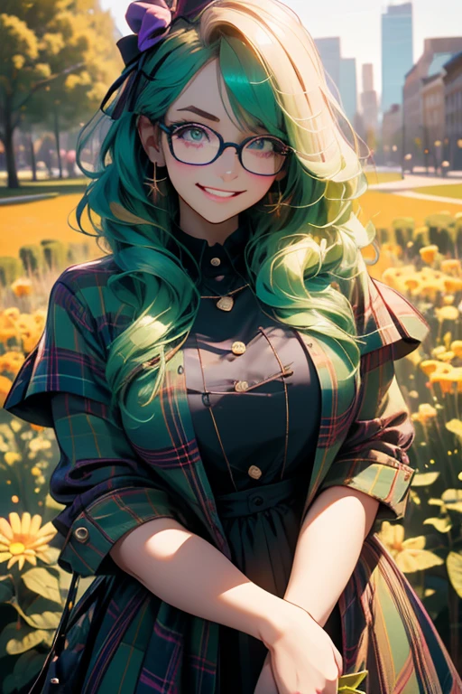 Perfect face. Perfect hands. A green haired woman with violet eyes and glasses with an hourglass figure in a plaid dress is picking flowers in the park with a big smile