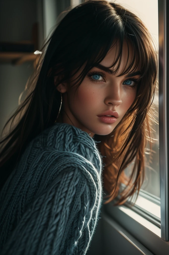 16 years old Megan Fox, ultra-detailed Nordic eyes, bangs, knit sweater, (((masterpiece, ultra-detailed face))).