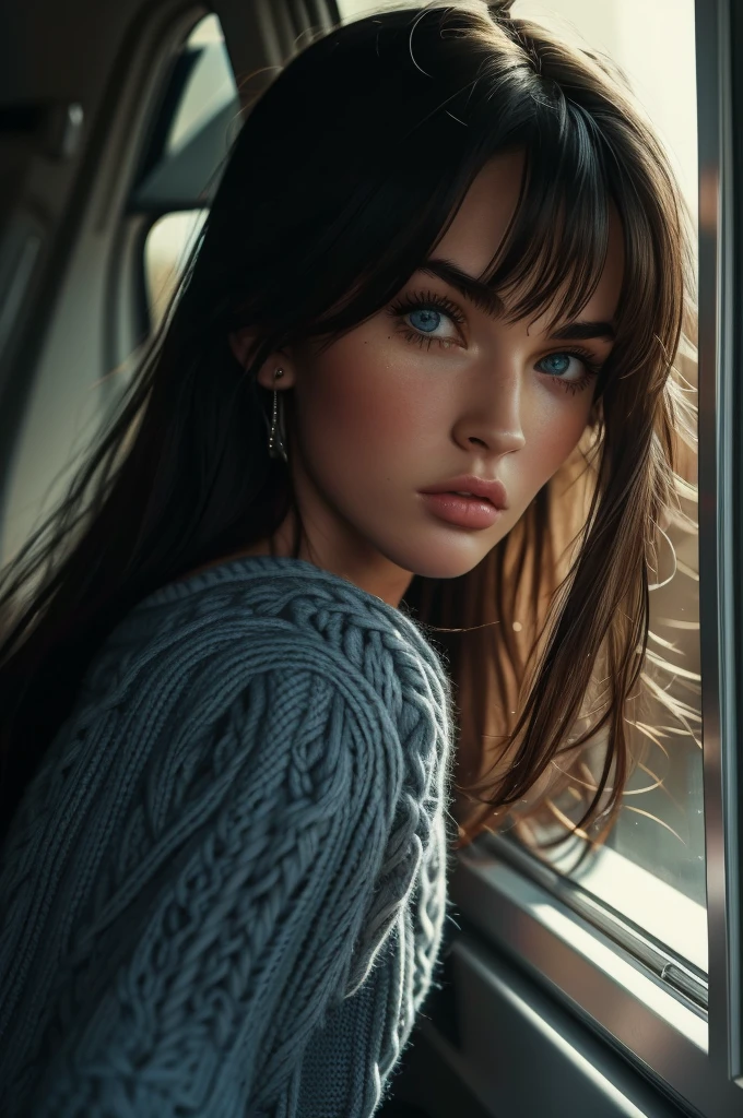 Megan Fox, ultra-detailed Nordic eyes, bangs, knit sweater, (((masterpiece, ultra-detailed face))).