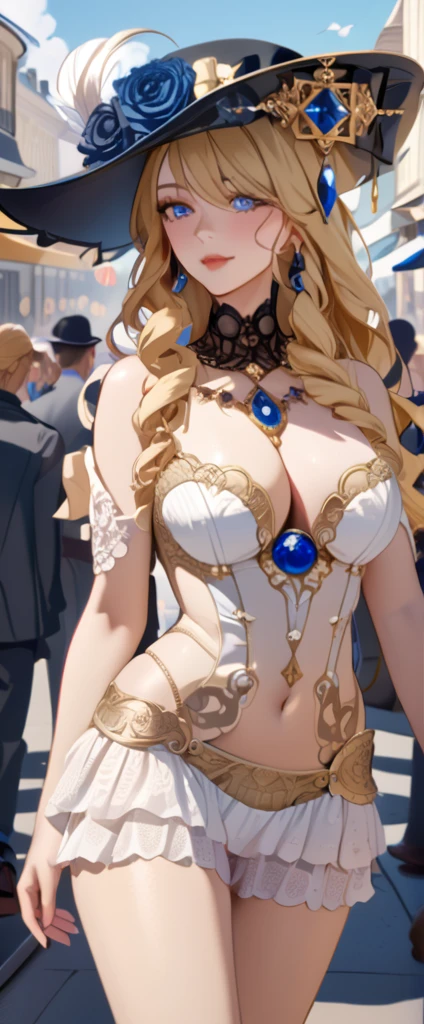 anime, ultra detailed, hyper detailed, best quality, highres, 4K, master piece, 1 female, 28-year-old, Navia, sexy lingerie, gigantic, huge breast, France city, crowded, 