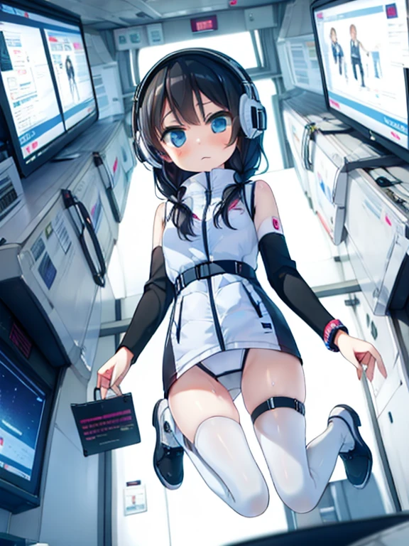 (Highest quality), (masterpiece), 1080P, High resolution, 4K, 8k, Inside the space station、Futuristic room、jumping:1.5,zero gravity,floating,Thigh straps, Shooting from directly below, The woman on top of me, 白いSweat, Covered , Sweat, Woman looking down, Skirt swimsuit, I can see your pants。BREAK black long sleeves,black tights,BREAK thigh-high socks, futuristic boots,headphone,To achieve this, , , whole body, Black leather shoes, Braided hair, Inner Color, Embarrassed face, Short black hair, bracelet, Bedroom,white downVest,celestial body_Vest