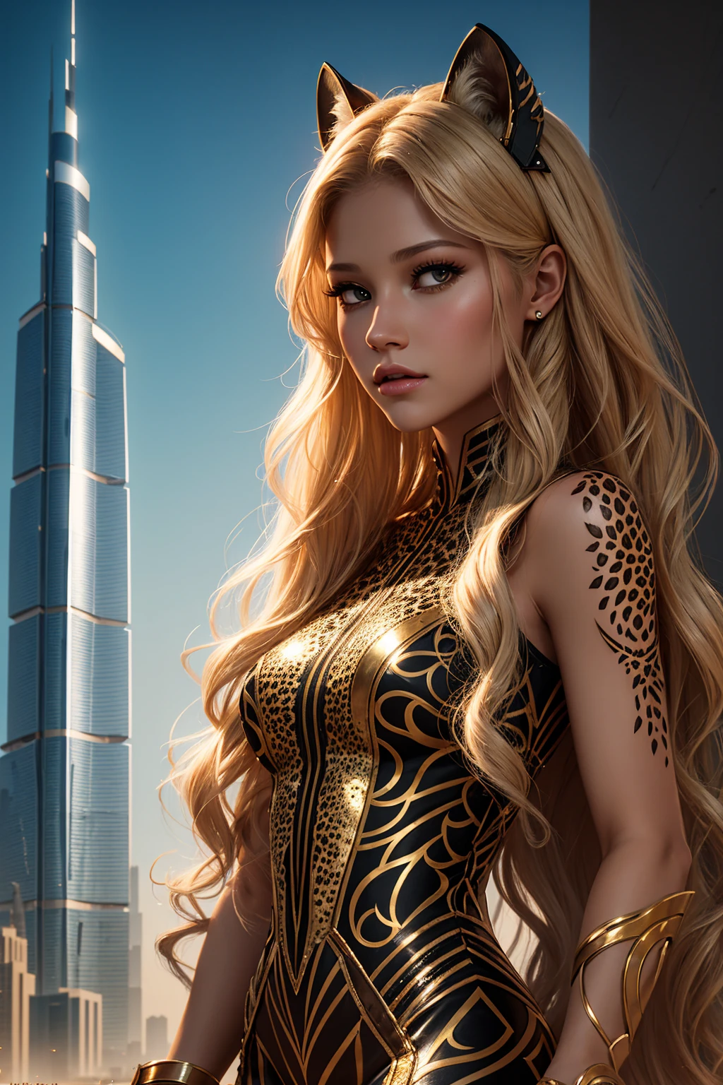 portrait Anna Kournikova, wearing cheetah costume, with the Burj Khalifa in the background, character portrait, 4 3 9 0 s, wavy hair, intricate, elegant, highly detailed, digital painting, artstation, concept art, smooth, sharp focus, illustration, art by wlop, charlie bowater and alexandra fomina, 36k, glittering, shining, correct anatomy