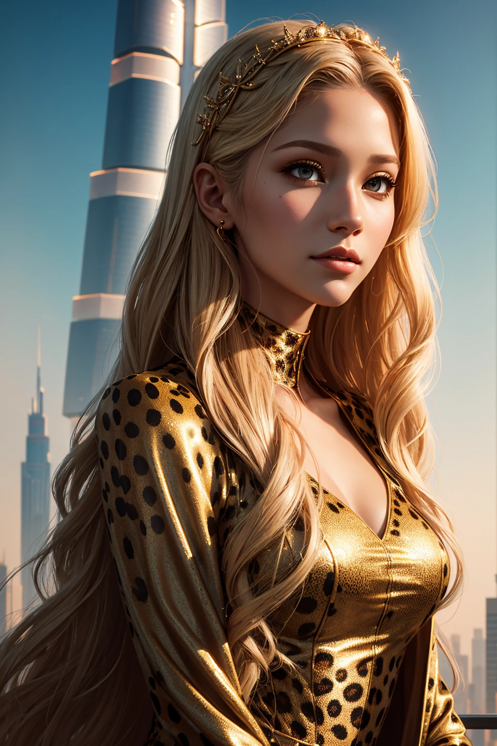 portrait Anna Kournikova, wearing cheetah costume, with the Burj Khalifa in the background, character portrait, 4 3 9 0 s, wavy hair, intricate, elegant, highly detailed, digital painting, artstation, concept art, smooth, sharp focus, illustration, art by wlop, charlie bowater and alexandra fomina, 36k, glittering, shining, correct anatomy