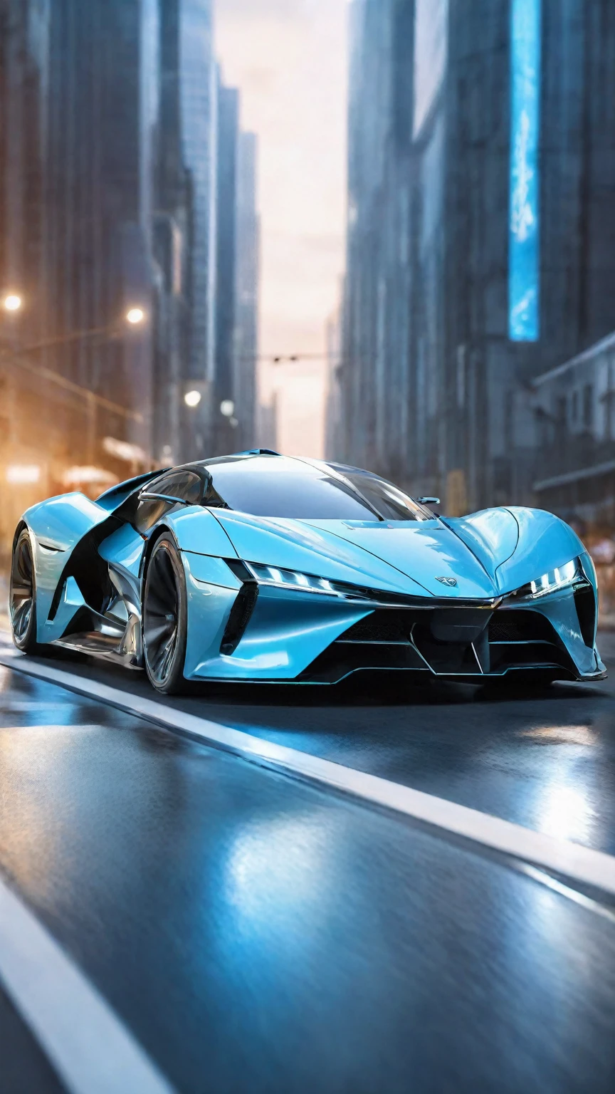 cybercar,future technology,futurism,Sports car track suspended in the sky,science fiction concept sports car speeding on the floating road,cyberpunk city background,Realistic,cinematic,depth of field,Strong blur,, (masterpiece,best quality,ultra-detailed, absurdres)
