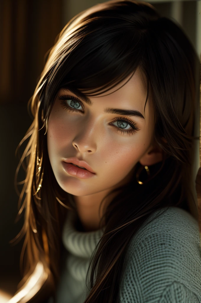 s old Megan Fox, bangs, knit sweater, (((masterpiece, ultra-detailed face))).