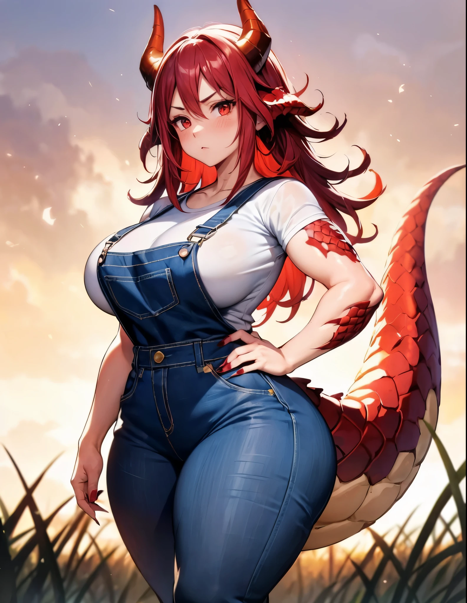 Solo, 1Female, ((Dragon Girl Demihuman)), Crimson Hair Colour, Long Unruly Hair, (Red Dragon Horns), Beautiful Face, Large Breast Size, Toned Feminine Body, ((Long Dark Red Fingernails)), Wide Hips, Thick Squishy Thighs, Plump Shapely Butt, (Large Crimson Dragon Tail,) ((Dragon Scales on Arms)), Denim Overalls, White T-Shirt, Standing in Farm Field, Protective Expression, Eyebrows Furrowed, Soft Blush, Hand on Hip, Beautiful Lighting, Perfect Anatomy, Perfect Hands, Masterpiece