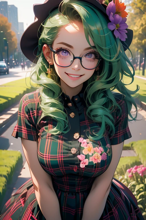 Perfect face. Perfect hands. A green haired woman with violet eyes and glasses with an hourglass figure in a plaid dress is picking flowers in the park with a big smile
