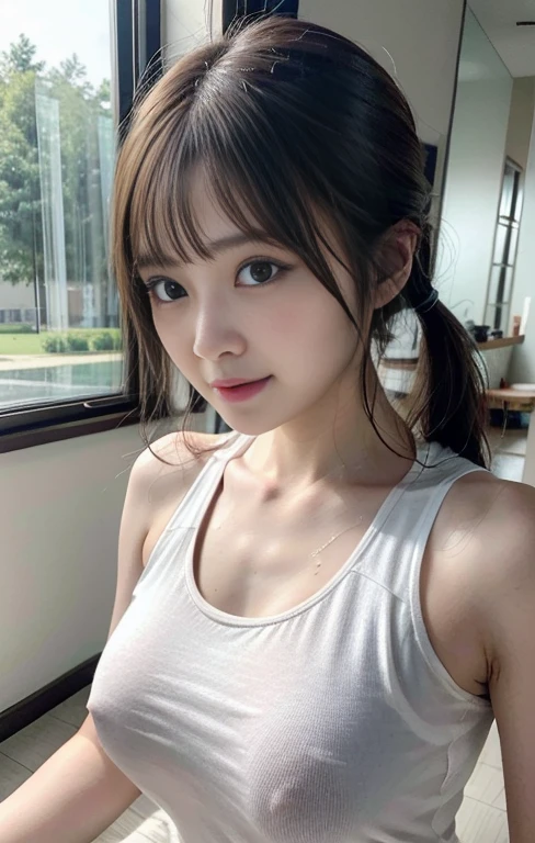 (top-quality,​masterpiece:1.3,超A high resolution,),(ultra-detailliert,Caustics),(Photorealsitic:1.4,RAW shooting,)Ultra-realistic capture,A highly detailed,High resolution 16K human skin close-up,nsfw, ((shiraishi mai,(round face, beautiful detailed eyes,round face),black eyes,brown hair,(medium hair,twintail),bangs,(floating hair), extremely detailed face,happy smile)),  ((Erect nipples can be seen through clothing)),Skin texture is natural、,The pores are、Must be detailed enough to be easy to identify。 Skin should look healthy with even tones。 Use natural light and color,BREAK,(single woman in white tank top and white spats getting on all fours on yoga mat in yoga class),25 year old,Beautie,no-bra, ((I can see my nipples erect through my clothes:1.2)),Little devil style smile,Looking at the camera,Ultramammy,big butts,Sweat all over the body,Clothes that get wet with sweat and stick snugly to the body,Browsing Caution,