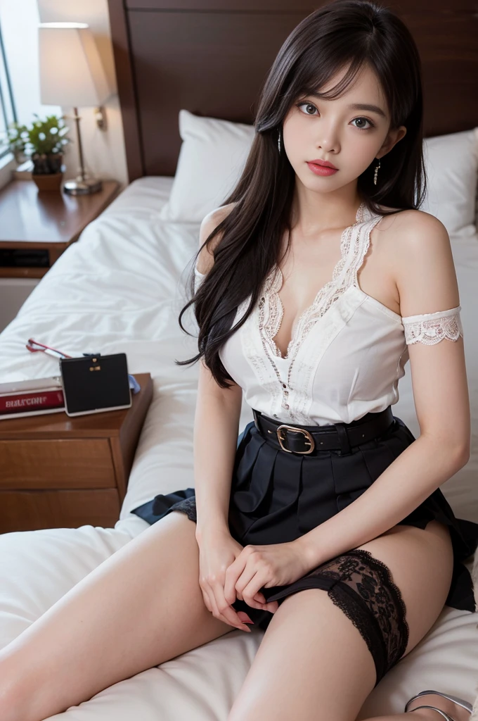 masterpiece, Highest quality, Super detailed, In detail, High resolution, 8K Photo, Beautiful attention to detail,nose,mouth, Long Black Hair, (chest:1.5), 18-year-old female, (cute:1.5), (Beauty:1.2), Frilled Skirt, Bedroom, chestの谷間, Sexy shot of the camera, smile, Natural Makeup, Eyeliner, cute, cute, Sparkle in your eyes, round face, 