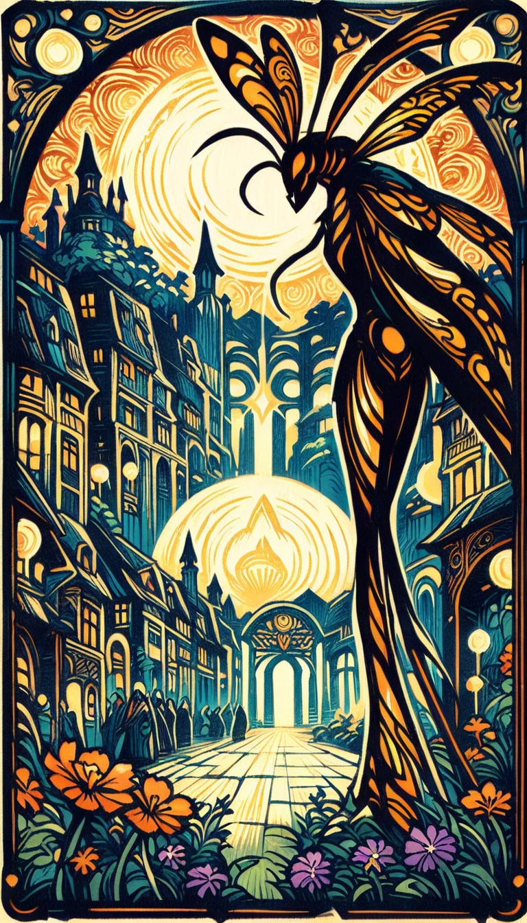 ((best quality)) , ((masterpiece)) , (detailentasy illustration of an enormous wasp with glowing eyes, surrounded cheering people in the style of magic The gathering card art. In front is a large yellow moon over a fantasy town background. Vibrant colors are used.，(art nouveau style ， elegant, decorative, curvilinear forms, nature-inspired, ornate, detailed)