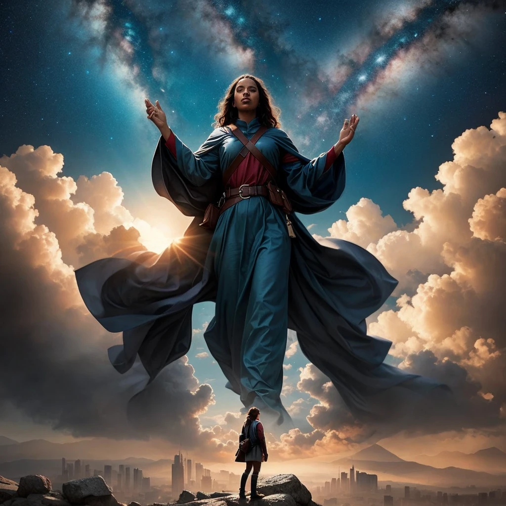 7. Show a group of diverse people looking up at the sky with expressions of awe and hope, witnessing a miraculous event amidst the end times, in the style of ArtStation, trend, cinematic, thriller.