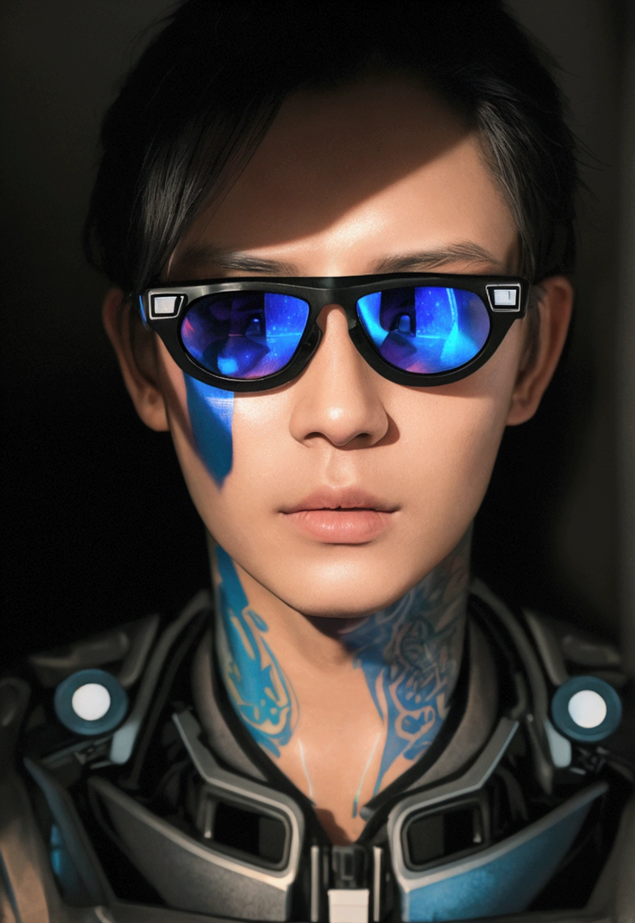 (photo hyper realistic), (highy detailed: 1.2), (canon EOS R6 best quality: 1.2), (8k: 1.0), (emb-rrf-low: 1.0), (many large black cyber head tattoos open in the middle showing the inside, face detailed, Hyper-detailed eyes and high-tech sunglasses with holographic display 1.2), sharp focus (awarded photo: 1.2), (underground dispersal: 1.2), (underground dispersal: 1.2). 1.1) (a beautiful ultra-detailed cyborg: 1.2), ( hyper-detailed hair: 1.2), (wonderful body: 1.2), (whole body: 1.2), (Dynamic posture :1.2), neon glow, (detailed cybernetic eyes:1.1), close up (hyper realist:1.2), RPG, cyberpunk style 2077, dramatic lighting, (highy detailed futuristic cityscape:1.2), (sci-fi: 1.2). 1.2), professional portrait photograph, por Wlop Greg Rutkowski Jeffrey Simpson Alphonse Mucha