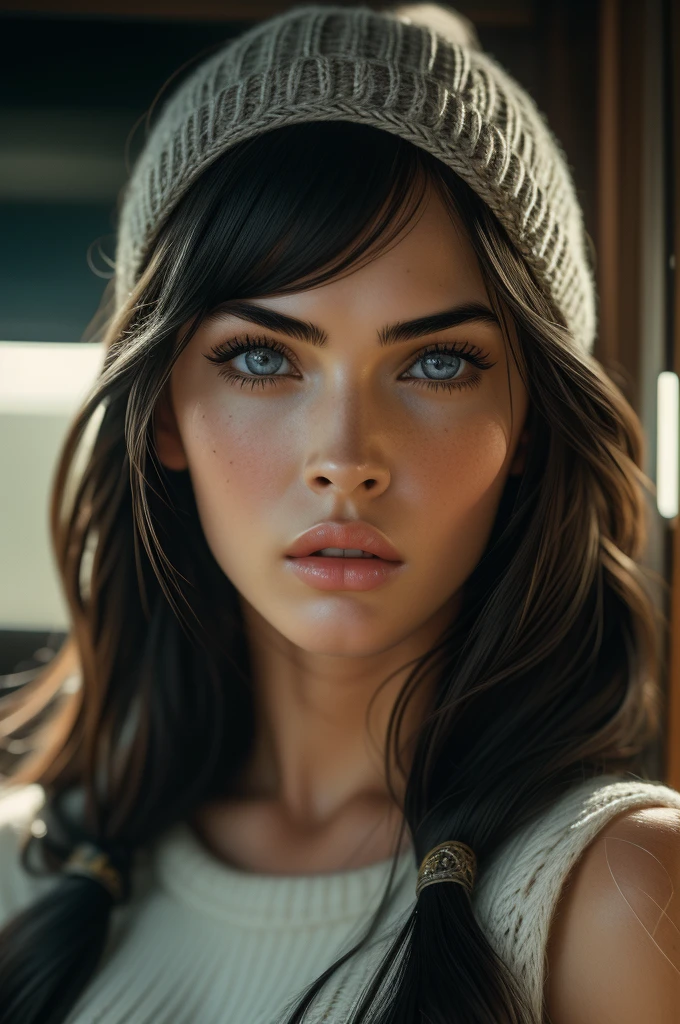  Megan Fox, ultra-detailed eyes, bangs, knit sweater, (((masterpiece, ultra-detailed face))).