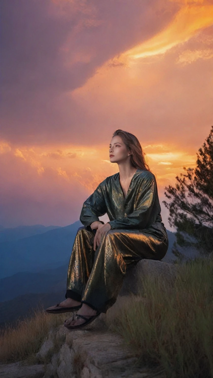 tree focus,Portrait,Emotionalization,Photography,style of Alessio Albi,golden hour,aesthetic of mosaic art,unconventional supreme masterpiece,masterful details,temperate atmosphere,(balanced center composition:0.5),with a high-end texture,in the style of fashion photography,magazine cover,Dynamic Angle,Dynamic posture,Perspective,High Point,pov,clouds on the ground,dark grey sky with neon orange clouds,glowing neon light orange and pink color tone,low saturations,dim lighting,