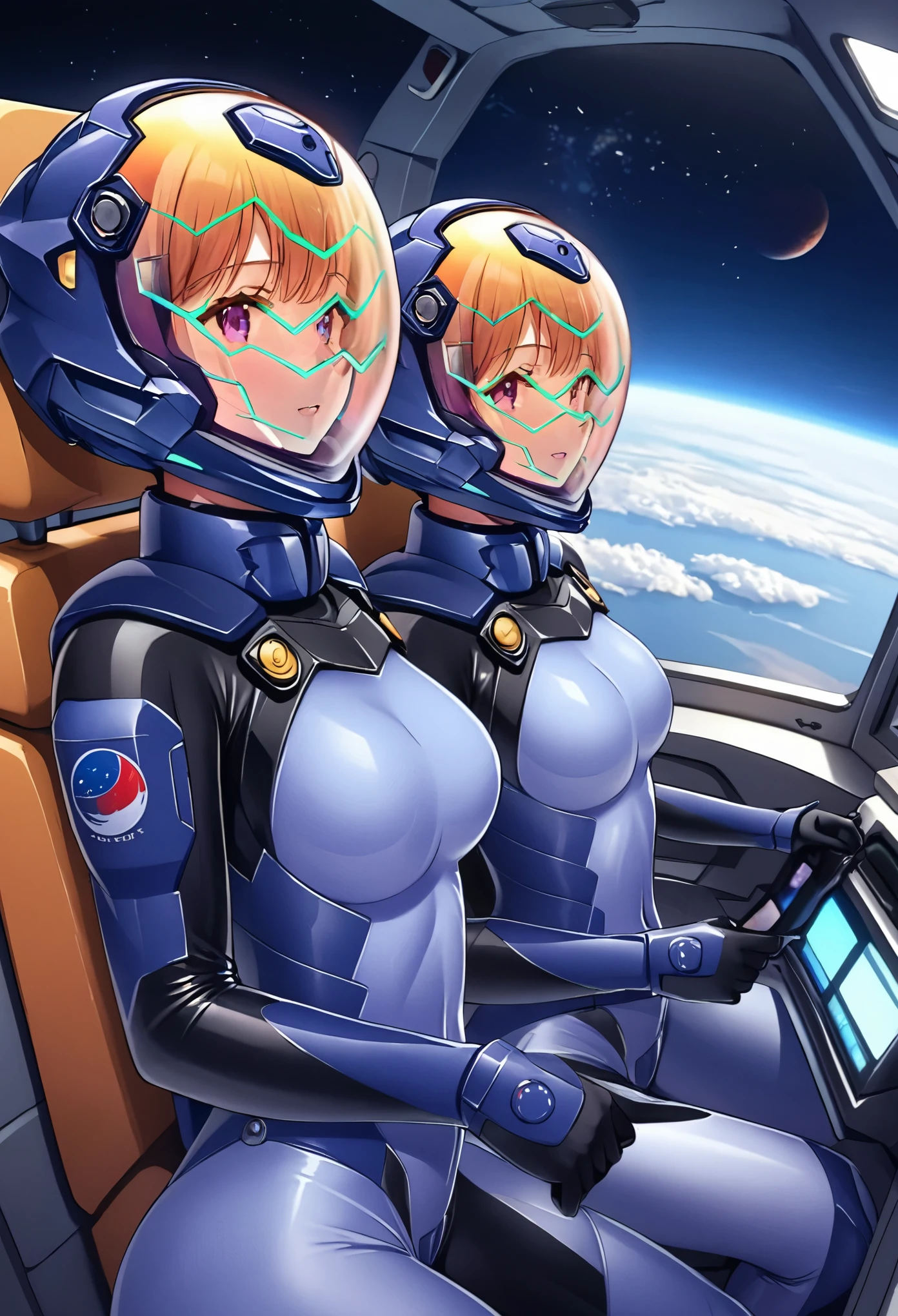 ((Female pilot in the cockpit of a reconnaissance plane), (airplane cockpit), (in flight), (10000 feet altitude)、(sky view):1.7),, short hair, street, emo, BLACK hair, white eyes, eyeliner, apocalypse, 2girl, nside the (cockpit:1.9) of a (futuristic spaceship:1.6), , blush covered navel, space helmet, muvluv, space helm, plug suit , space helmet, eva helm, space suit, short hair,  blue bodysuit, visor helmet, from behind, 2girl, white hair