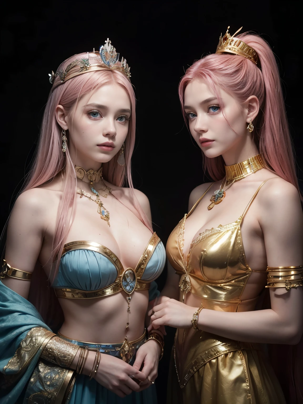 crie a imagem de duas mulheres gêmeas, appearing to be between 18 and 22 years old, that they are a couple. They have pink hair down to their chins and blue eyes.. Both have faces, perfect skin and bodies, with unparalleled beauty. They are immortal queens with various powers, located in 1000 to.c. They wear revealing clothes, adorned with lots of gold, including bracelets and other gold accessories. Show their romantic connection and chemistry."Additional details for insertion:Apparent age: 18-22 anoscabelos: pinks, up to the chinEyes: BlueFace and Skin: perfectscorpo: perfect, unparalleled beautyPosition: Immortal queensEpoca: 1000 a.c.clothes: Revealing clothesAccessories: Gold bracelets and adornmentsRelationship: casal, with a strong romantic connection