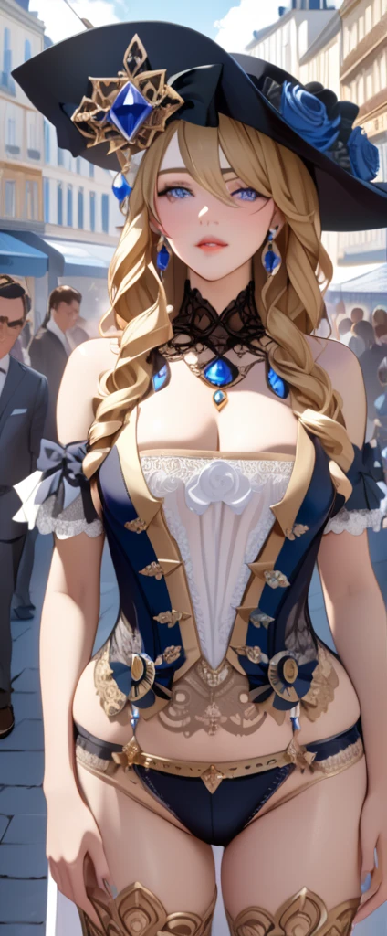 A beautiful 28-year-old woman, Navia, wearing sexy lingerie, stands in a crowded French city, hyper detailed breasts and ultra detailed features rendered in the best quality, 4K masterpiece.