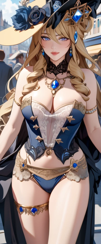 A beautiful 28-year-old woman, Navia, wearing sexy lingerie, stands in a crowded French city, hyper detailed breasts and ultra detailed features rendered in the best quality, 4K masterpiece.
