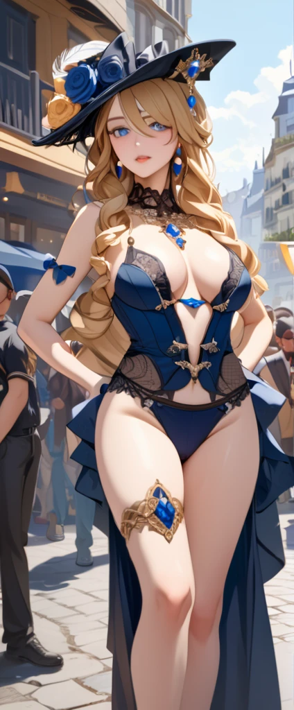 A beautiful 28-year-old woman, Navia, wearing sexy lingerie, stands in a crowded French city, hyper detailed breasts and ultra detailed features rendered in the best quality, 4K masterpiece.