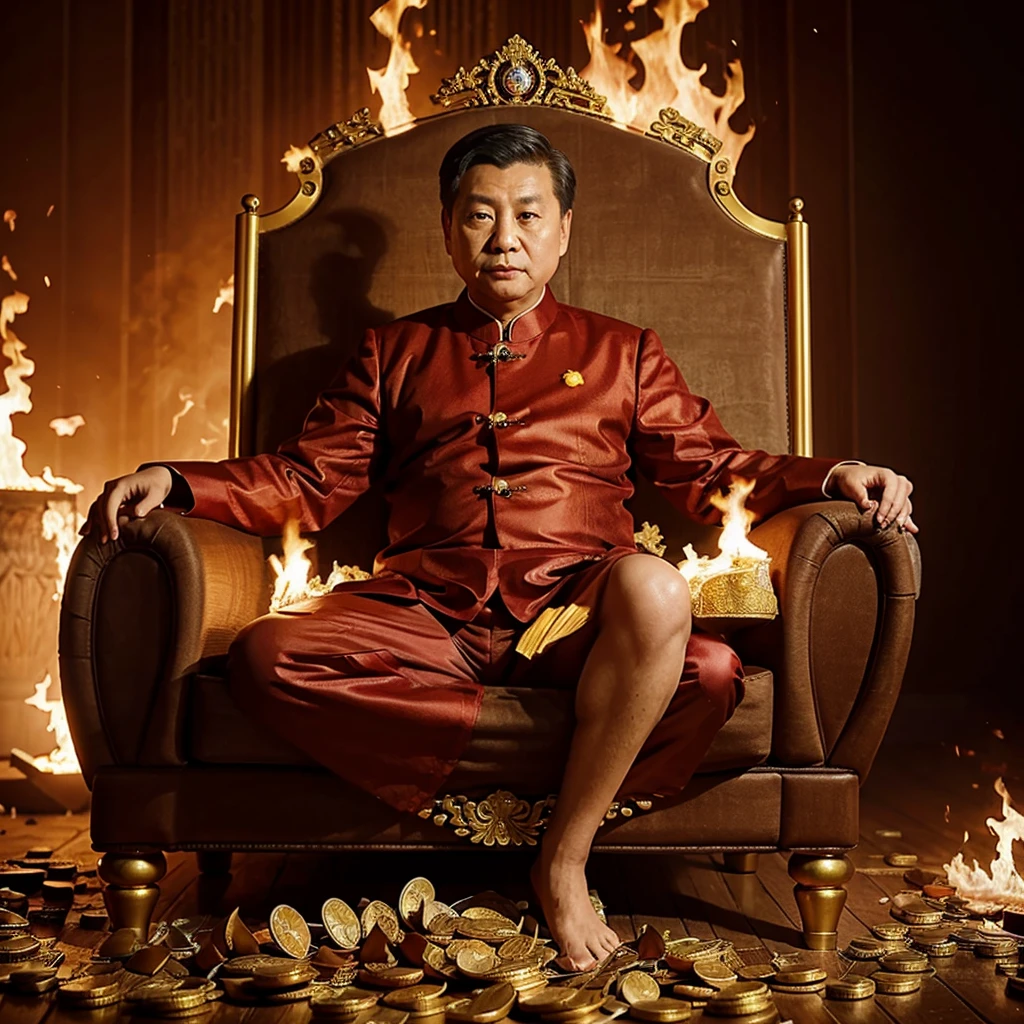 president of china on a golden throne while burning dollars