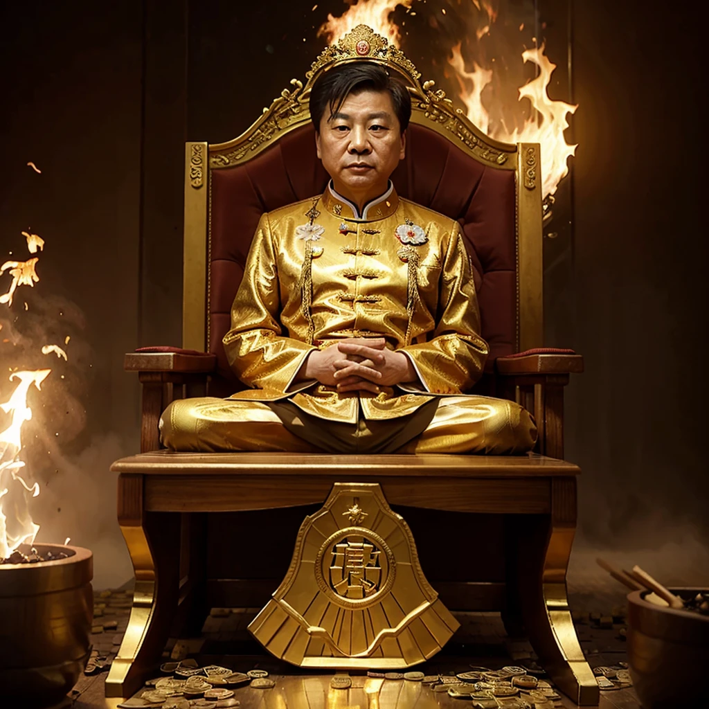 president of china on a golden throne while burning dollars