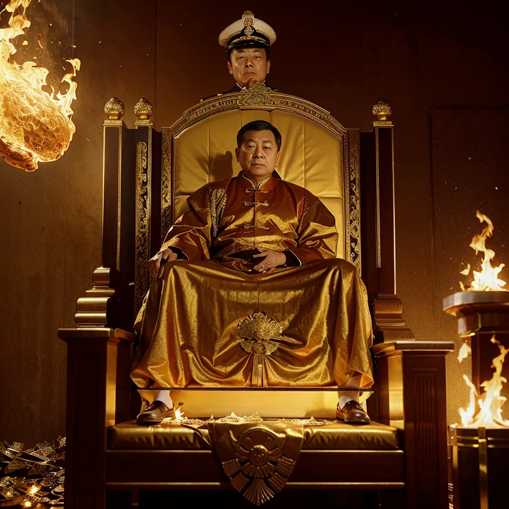 president of china on a golden throne while burning dollars