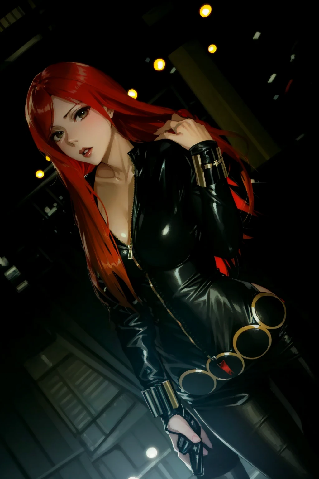 The image features Black Widow from the Marvel Universe. Dressed in a sleek skin-tight shiny black latex bodysuit with a deep-cut zipper neckline revealing a large chest, the silver zipper running down the front. The suit is complemented by her golden wrist guard on both wrists and a belt made of golden circles around her waist. She poses with one hand on her hip holding a gun and the other touching her long red straight hair. The image's background is dark with light elements, creating a mysterious ambiance.