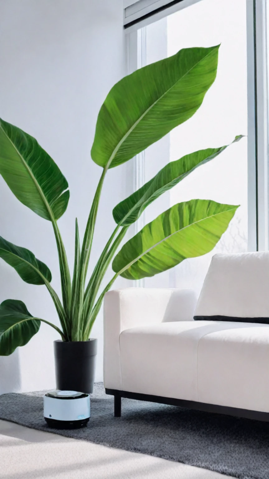 Home appliances,High quality,super detailed,there is a humidifier on the tabletop in the living room,sofa,carpet,soft light coming in from the left side of the window,potted plants,