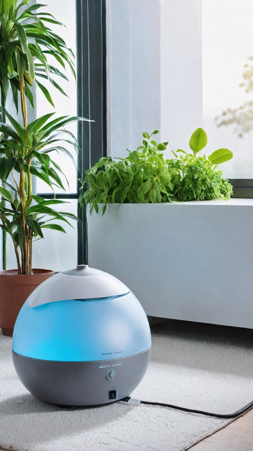 Home appliances,High quality,super detailed,there is a humidifier on the tabletop in the living room,sofa,carpet,soft light coming in from the left side of the window,potted plants,