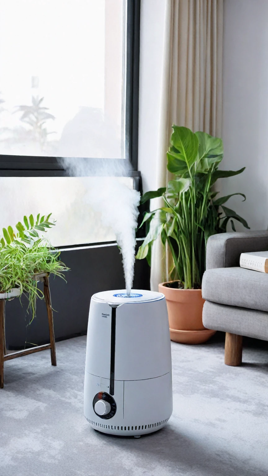 Home appliances,High quality,super detailed,there is a humidifier on the tabletop in the living room,sofa,carpet,soft light coming in from the left side of the window,potted plants,