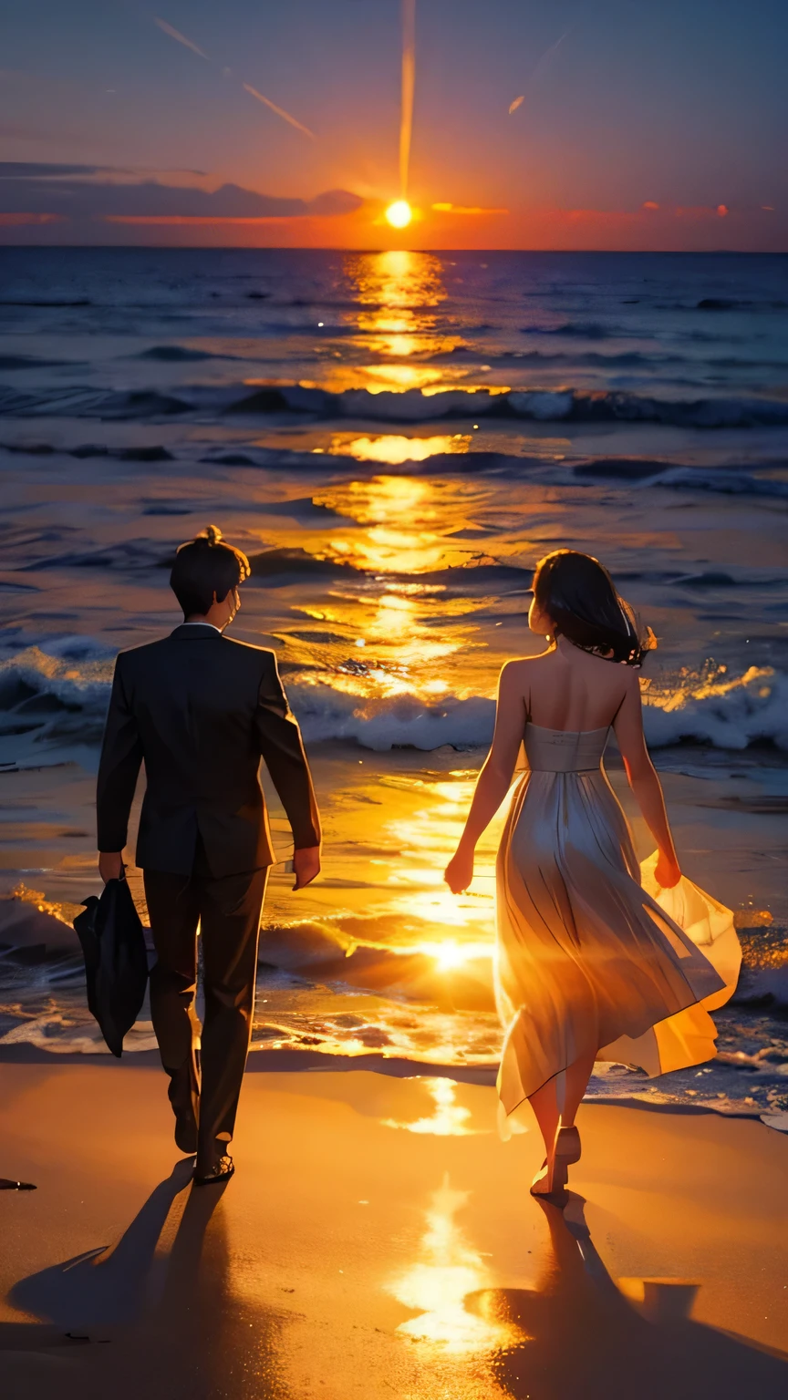 Silhouette couples, walking together, looking at glittering stars at night, sunsets beach, behind view, realistic lights