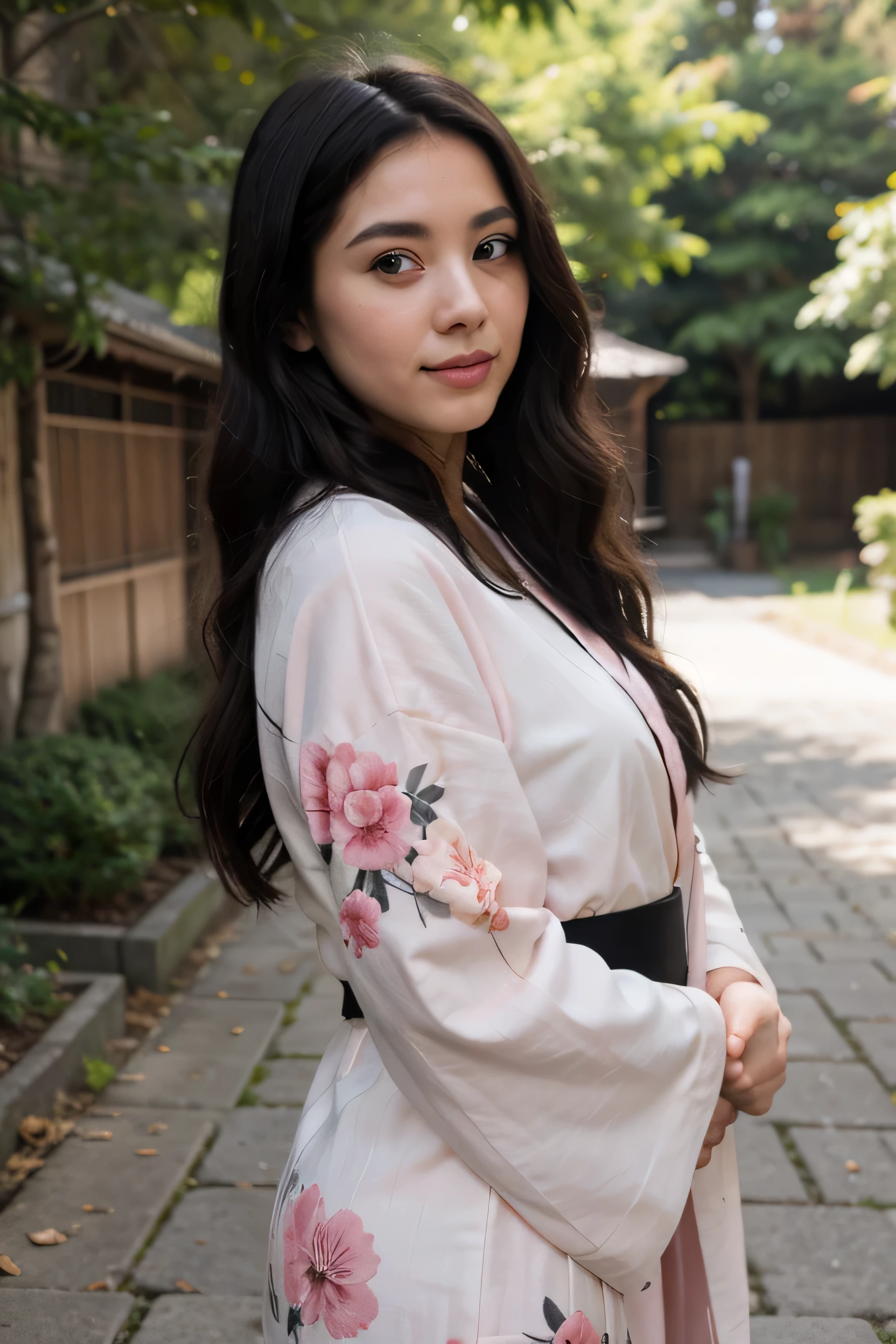 Create 25-year-old cute white girl with long black hair in Japanese full pinkish Kimono full looks 