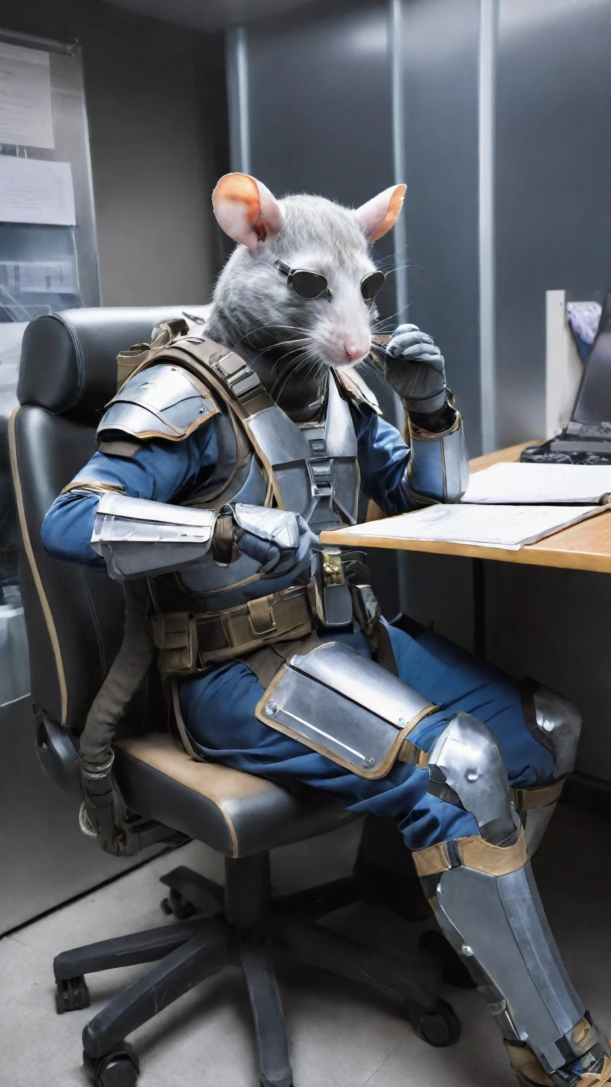 underground base of hero working station office with equipment repair tool armor suit and weapon vehicle,BREAKfilthy rugged male anthro anthropomorphic rat sitting in the chair, doing paperwork, (masterpiece,best quality,ultra-detailed, absurdres)