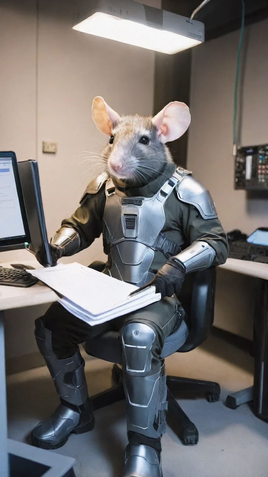 underground base of hero working station office with equipment repair tool armor suit and weapon vehicle,BREAKfilthy rugged male anthro anthropomorphic rat sitting in the chair, doing paperwork, (masterpiece,best quality,ultra-detailed, absurdres)