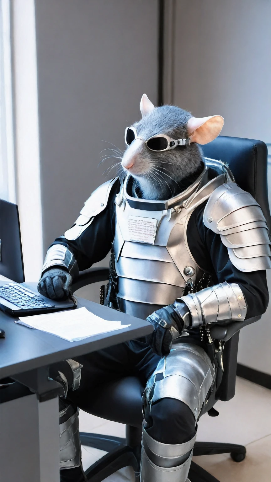 underground base of hero working station office with equipment repair tool armor suit and weapon vehicle,BREAKfilthy rugged male anthro anthropomorphic rat sitting in the chair, doing paperwork, (masterpiece,best quality,ultra-detailed, absurdres)