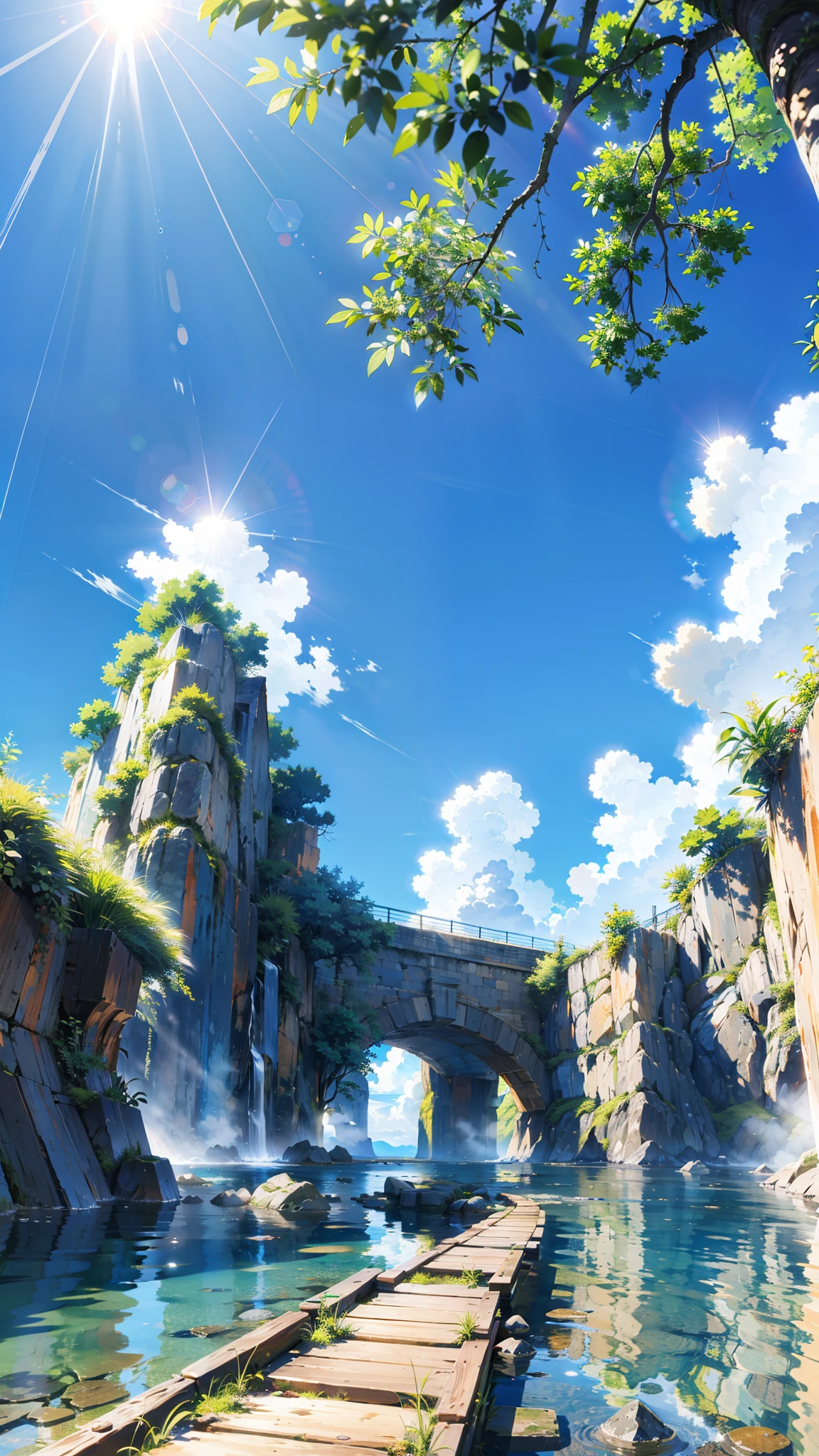 No humans, Scenery, vanishing point, From below, masutepiece, Best Quality, 8K, absurderes, waterface, Summer, at noon, Sunlight, Blue sky, Perspective, depth of fields, Higher resolution, finely detail, Ultra-detailed, Sharp Focus