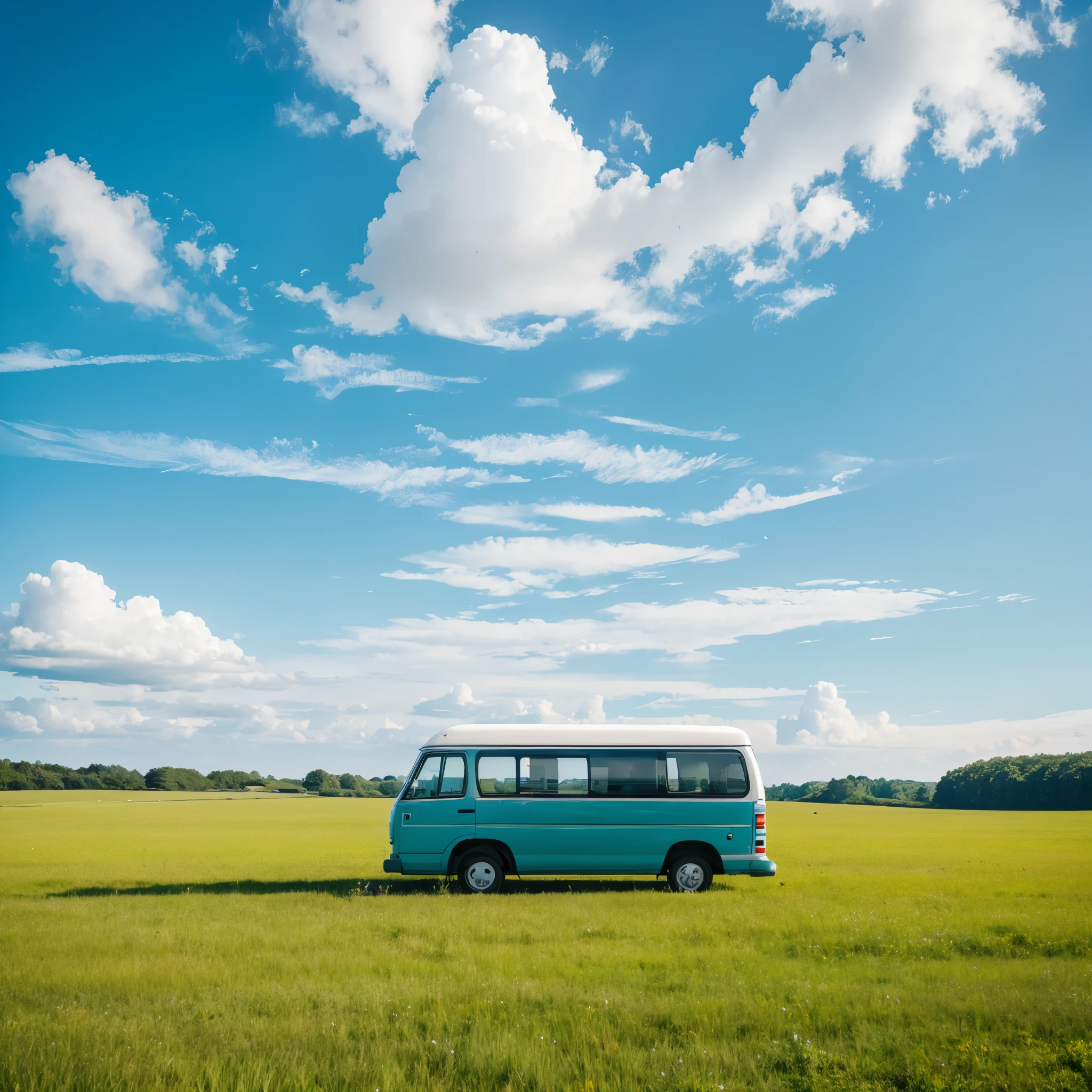 (Minimalism:1.4), Minibus on the road, Studio Ghibli Art, Miyazaki, Meadow with blue sky and white clouds
