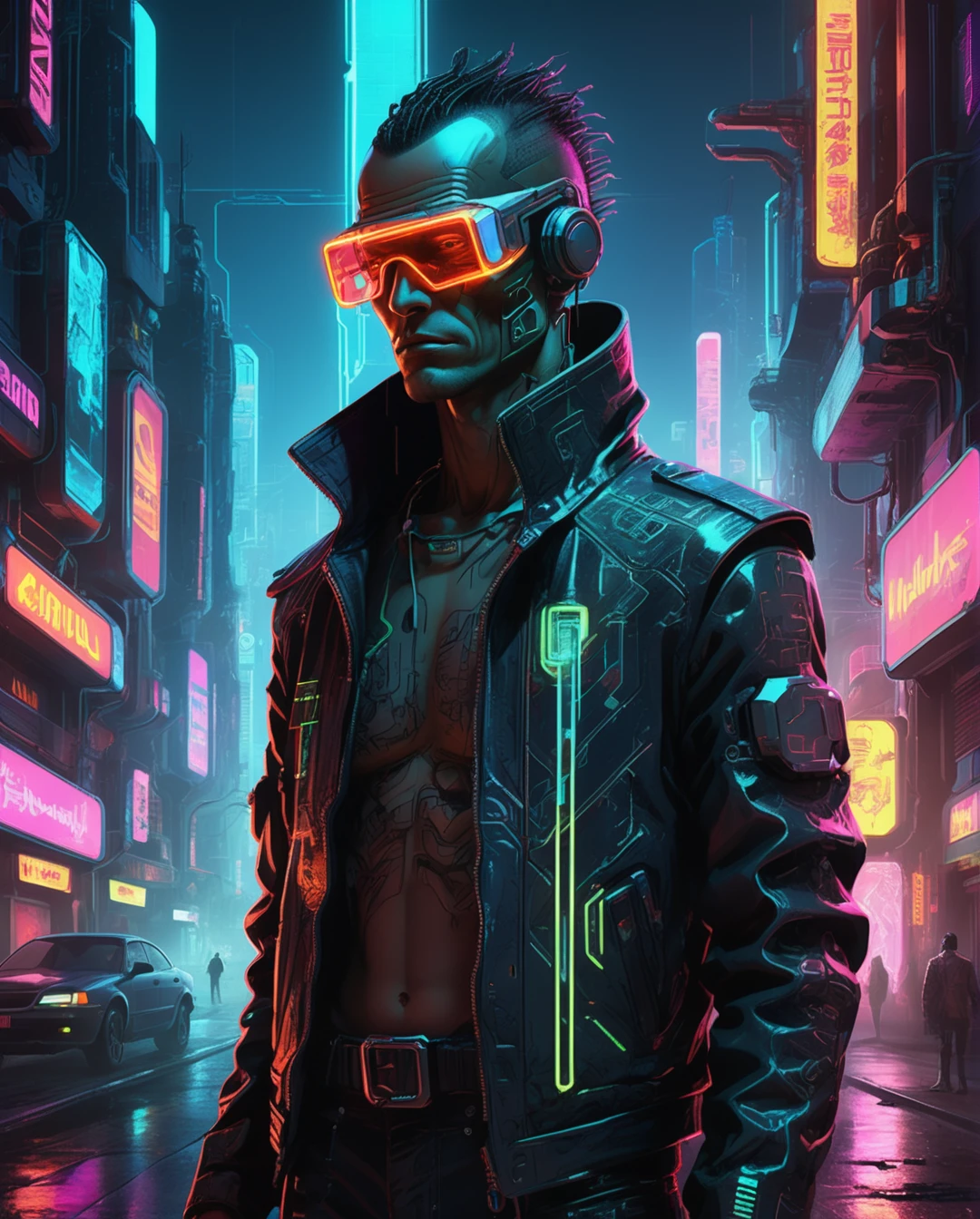 Mobis (Jean Giraud) Style - A picture by Jean Giraud Mobis, Create an image of a futuristic character in a neon-lit, cyberpunk style. The character should have a high-tech, edgy appearance with distinctive features. They should be wearing a sleek, futuristic outfit with glowing neon accents and high-tech gear. The background should be a dark, urban setting with vibrant neon lights, holographic advertisements, and a gritty, cyberpunk atmosphere."
**Specifications:**
- **Character:**
- High-tech, edgy appearance.
- Distinctive features such as cybernetic enhancements or glowing tattoos.
- Sleek, futuristic outfit with glowing neon accents.
- High-tech gear, such as augmented reality goggles, mechanical arm, or data pads.
- **Background:**
- Dark, urban setting.
- Vibrant neon lights.
- Holographic advertisements.
- Gritty, cyberpunk atmosphere.