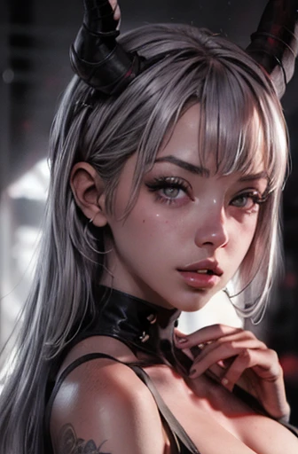1girl, cute girl, sexy, solo, looking at viewer, monochrome, greyscale, bunt bangs, purple eyes, white hair, long hair, parted lips, horns, black background, portrait, cyberpunk, gothic, biopunk, dated, retro art, romantic,