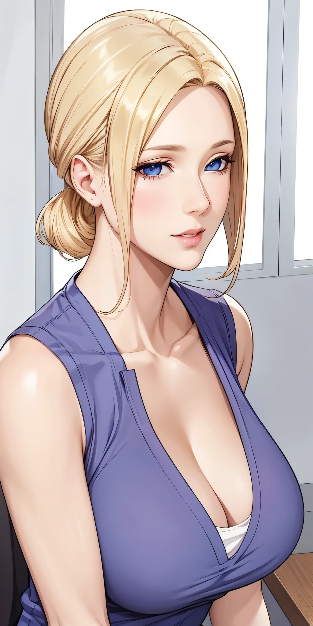 Elegant mature woman, milf, blue eyes, blonde hair, soft light, 4k resolution, high quality, beautiful cg