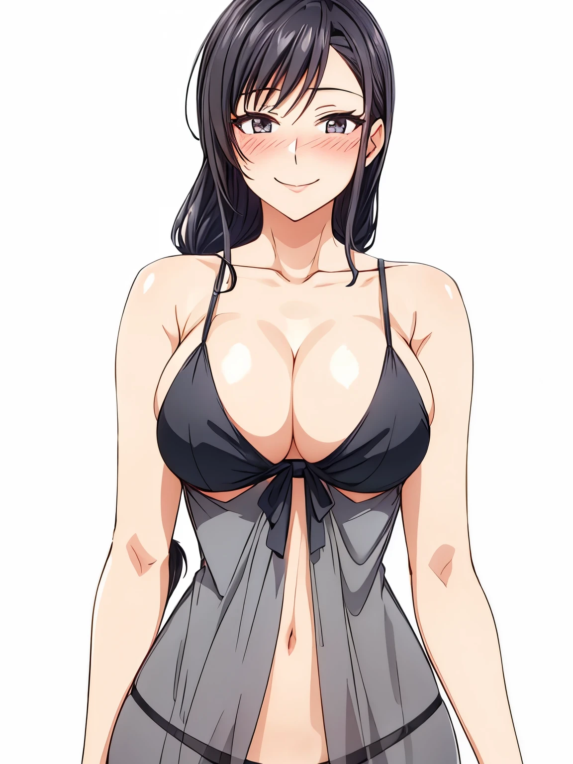 1 milf, long black hair, very big breasts, smiling, blushing
