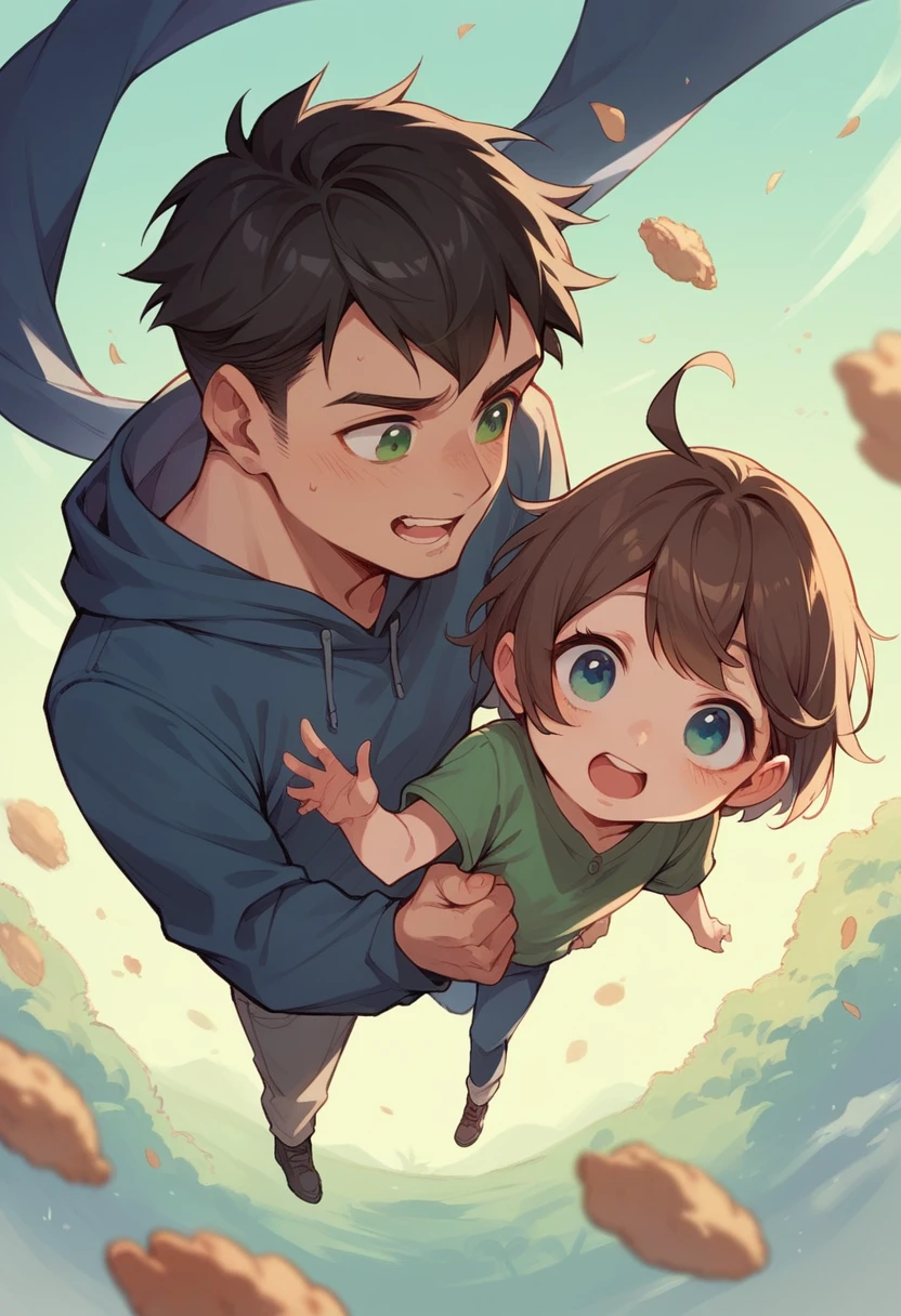 The love of men and women A small, cute woman with brown hair and blue eyes was falling on a tall man, a man with black hair and green eyes.