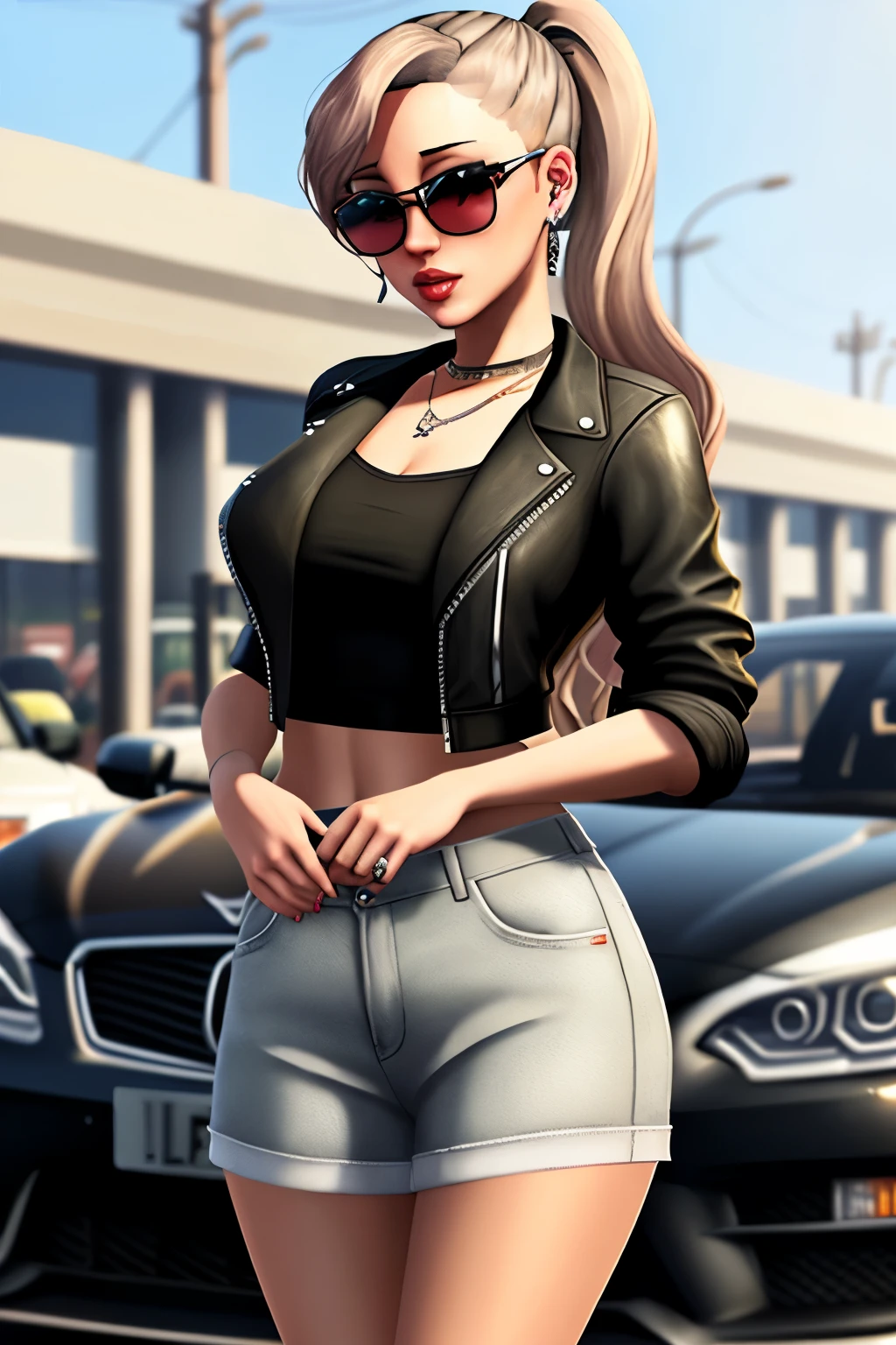 ((best qualityer)), ((work of art)), (detailded), Há LnFa mulher na frente de LnF carro in LnF parking, in front of LnFa garage, in LnF parking, no gta v, gta5 style, hangar, estilo gta V, style of gta v, ariana grande no gta v, GTA 5 skin tone, GTA 6 style, GTA 5, gta5, parado in LnF parking, LnF