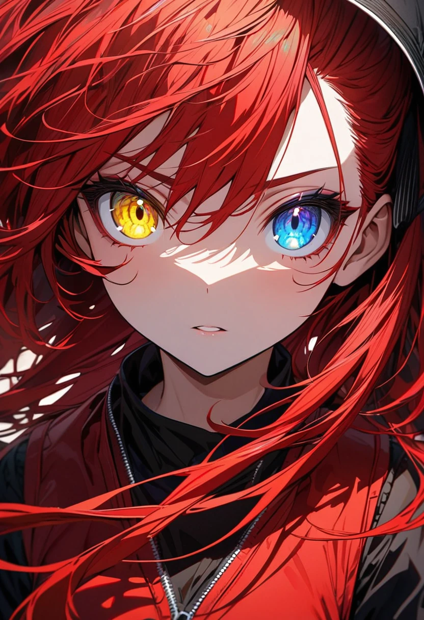 anime girl, bright red hair, heterochromia (blue and yellow eye), black shirt, red vest, ultra detailed, ultra detailed eyes,  beautiful.