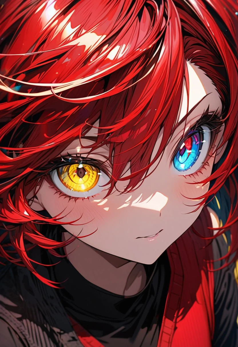 anime girl, bright red hair, heterochromia (blue and yellow eye), black shirt, red vest, ultra detailed, ultra detailed eyes,  beautiful.