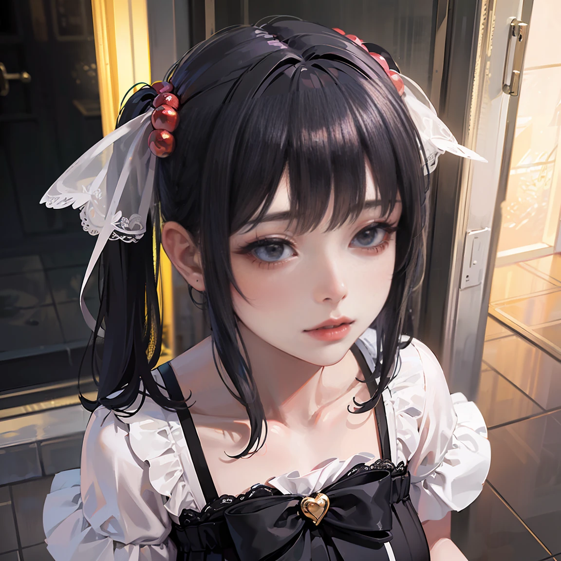 (8k, RAW Photos, Highest quality, masterpiece: 1.2), (Real、Photorealistic: 1.4), (Highly detailed 8K wallpapers), Very delicate and beautiful, Ultra-high resolution, 3d, A girl as cute as a doll, Highly detailed pink dress, Twin tails, Blunt bangs, Highly detailed glossy black hair, Transparent white skin, large, round eyes, Thin lips, round face, From above, Looking at the camera, The best light, Perfect composition,