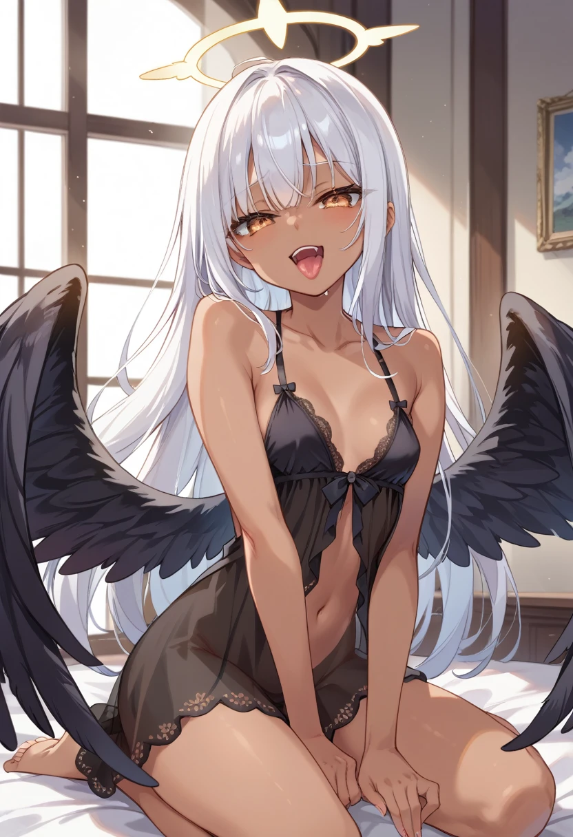 Score_9, score_8_up, 4k, 8k, detailed face, source_anime, smug angel girl with small breasts, pretty girl, thick thighs, white hair, long hair, fallen (black wings:1.5), angel wings, black outfit, black babydoll, see-through outfit, inside heaven, wet tongue, moaning, open mouth, (dark skin), broken halo, amber eyes,