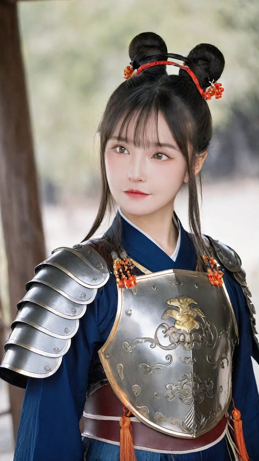 16years old,Anger,1girl,adolescent,bangs,((Armor)),(double bun),masterpiece,best quality,Chinese armor,Qin Dynasty armor,