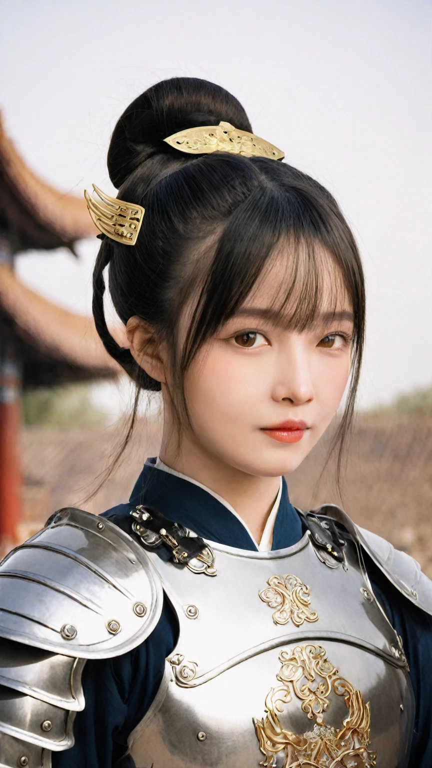16years old,Anger,1girl,adolescent,bangs,((Armor)),(double bun),masterpiece,best quality,Chinese armor,Qin Dynasty armor,